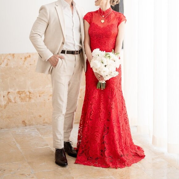 Custom Made Chinese Qipao Wedding Cheongsam Red Lace Beaded Full-length Dress - Picture 12 of 13